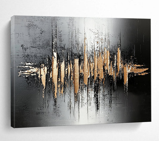 “Gold - Black Soundwave Textures” - Black, Gold, Soundwave Shapes Painting On Canvas HB0804