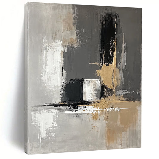 Contemporary hand-painted abstract art featuring neutral tones and gold accents with thick brush strokes and a soft atmospheric quality. DLZ0563