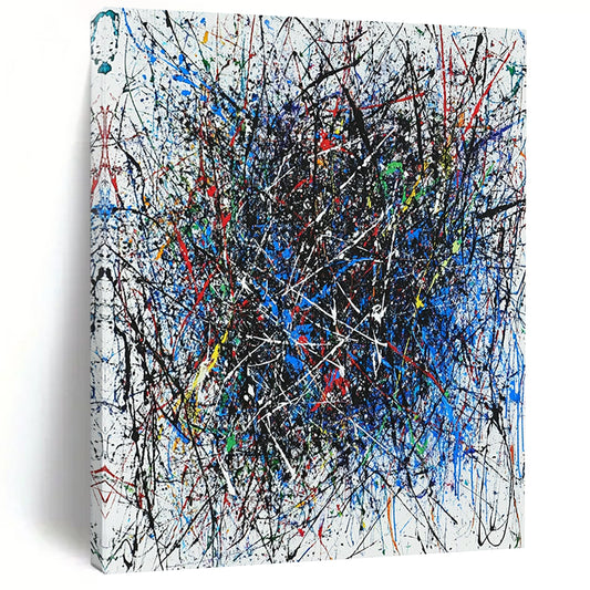 Contemporary hand-painted abstract artwork featuring vibrant interlaced lines in blue red black white green and purple with dynamic shapes enhancing its energy. DLZ1285