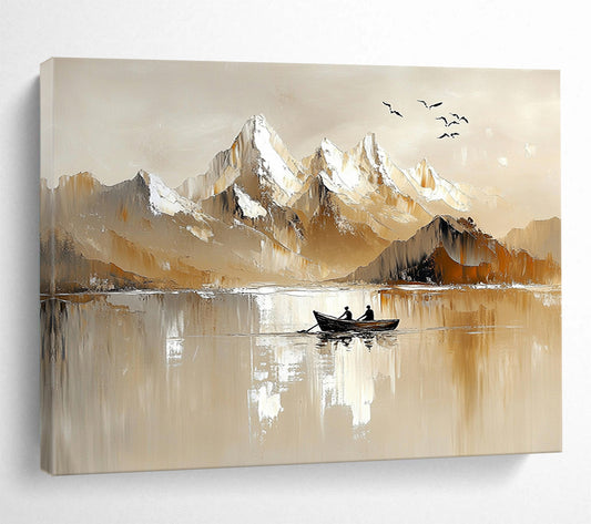 “Mountain Serenity” - Warm beiges, whites, browns; Snow - capped peaks, lake, rowboat, birds; Minimalist Landscape Painting On Canvas HB1147