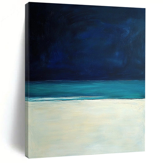 Contemporary hand-painted abstract art featuring a serene white sand beach under a dark blue sky, inspired by the style of Mark Rothko. DLZ0405