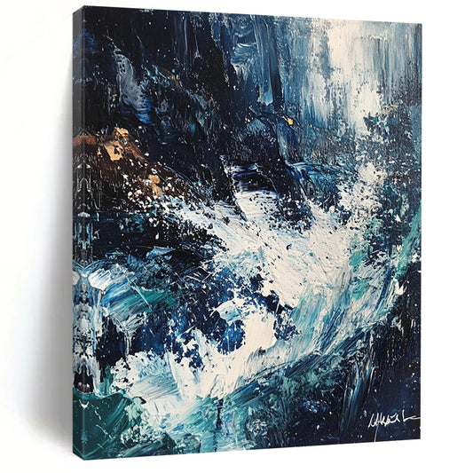 Contemporary abstract painting featuring crashing waves in white and blue hues with dark tones expressive brush strokes and palette knife textures. DLZ0617