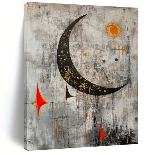 Gray, Black, Gold, Orange and Red Celestial Motifs "Starry Night Revisited" Painting On Canvas HB335