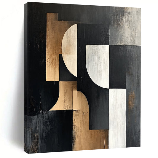 Large contemporary abstract painting featuring bold black white and beige shapes on a dark gray background with a textured canvas finish. DLZ1373