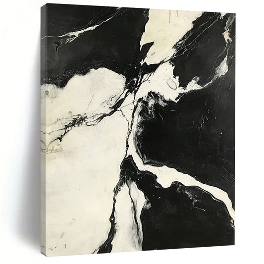 Contemporary hand-painted abstract art showcasing a striking black-and-white aerial view of high-contrast marble patterns. DLZ1138