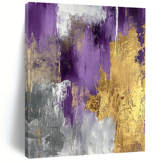 Contemporary hand-painted abstract art features gold and silver foil on a lilac palette, creating elegance and serene sophistication with metallic accents. DLZ0275