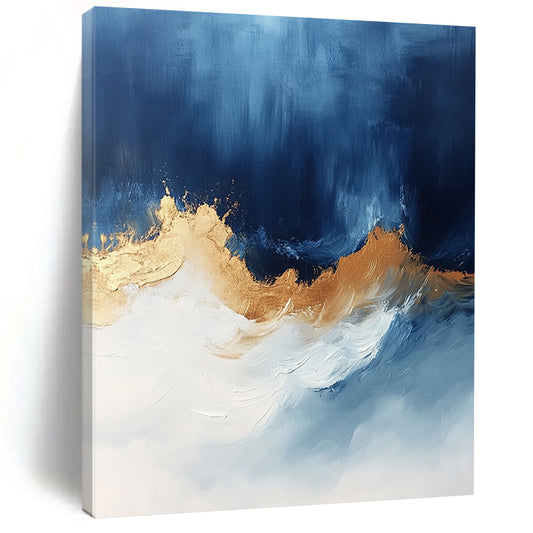 Contemporary abstract art features bold blue white and gold hues with sweeping brushstrokes energizing the canvas creating depth and visual allure. DLZ0335