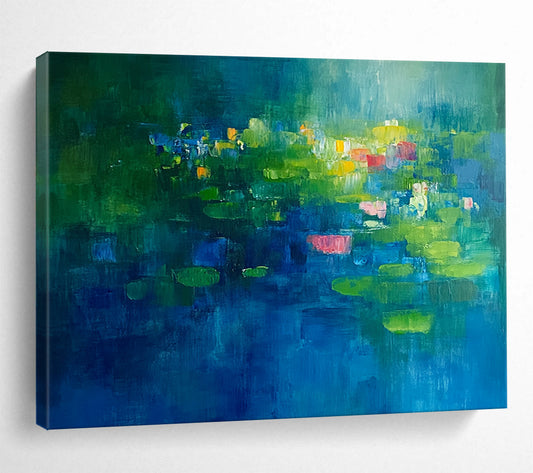 “Lily Pond Dreams” - Rich greens, blues, pops of pink, yellow; Abstracted water lilies, pond; Impressionistic Floral Painting On Canvas HB1149
