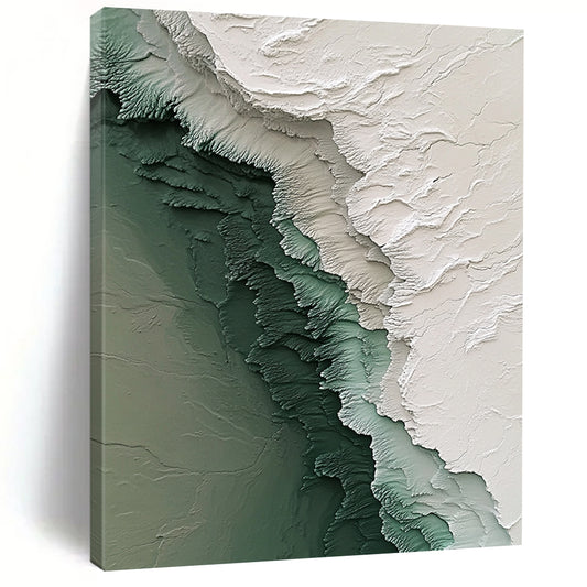 Contemporary hand-painted abstract art featuring intricate Antarctic ice textures with flowing icy streams in white green and gray tones. DLZ1180