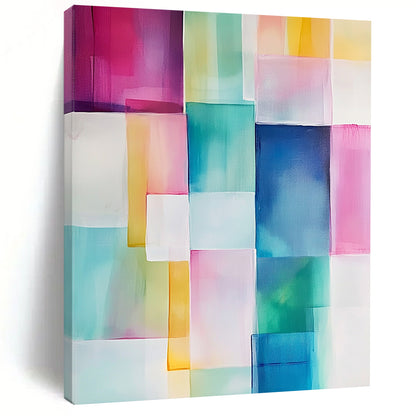 Contemporary hand-painted abstract art featuring geometric blocks of soft pink, blue, green, yellow, and white with translucent shapes and smooth edges. DLZ0911