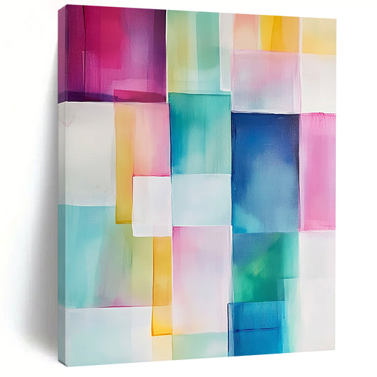 Contemporary hand-painted abstract art featuring geometric blocks of soft pink, blue, green, yellow, and white with translucent shapes and smooth edges. DLZ0911