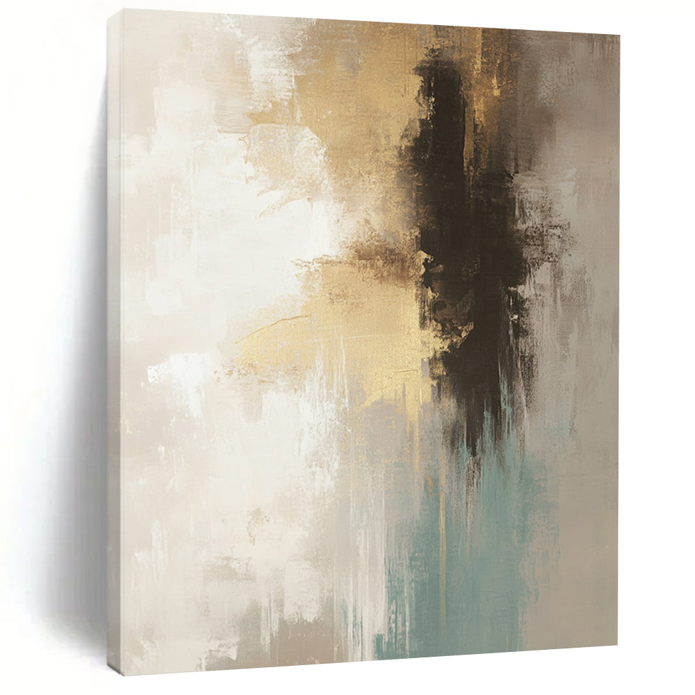 Contemporary hand-painted abstract art in neutral beige and gray tones with teal and gold accents soft brush strokes and atmospheric background. DLZ0760
