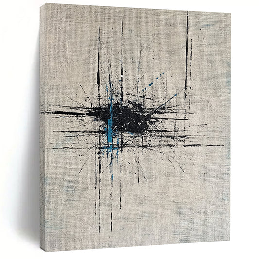 Contemporary hand-painted abstract artwork featuring dynamic lines and dots on white canvas enhanced by bold black ink and vibrant blue highlights. DLZ0883