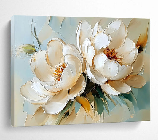 “Cream - colored Peonies on Light Blue” - Cream, Light Blue, White, Cream - colored peonies on light blue - Impasto Oil Painting HB1789