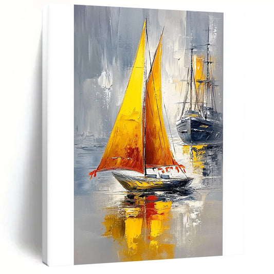 Contemporary hand-painted abstract art featuring a small boat with a yellow sail and orange tassels against a calm sea and gray sky. DLZ1700