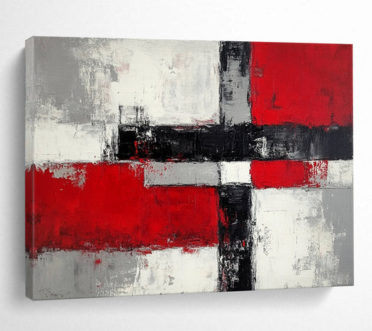 “Geometric Color Blocks” - Reds, grays, whites, blacks; Abstract geometric shapes; Minimalist Abstract Painting On Canvas HB1165