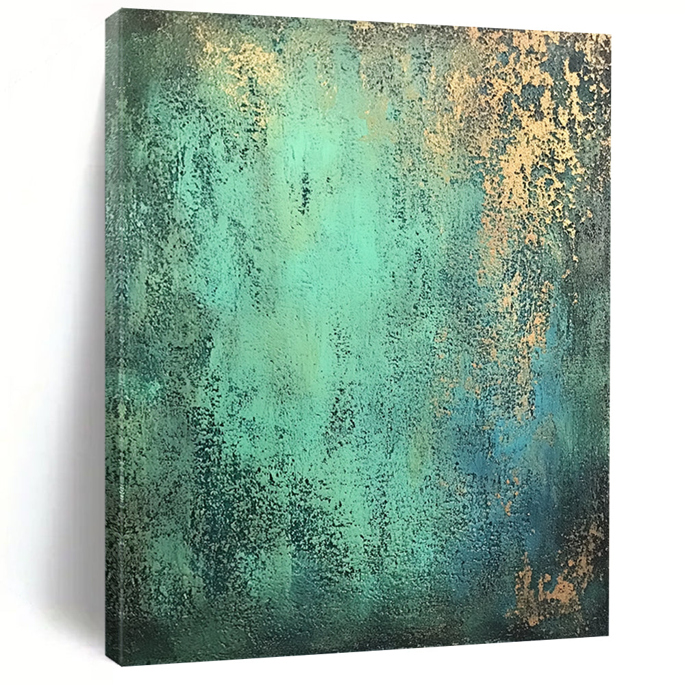 Contemporary hand-painted abstract art features textured patina-green with hints of blue and gold on a dark gray background for a rustic yet elegant ambiance. DLZ1165