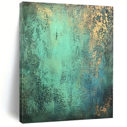 Contemporary hand-painted abstract art features textured patina-green with hints of blue and gold on a dark gray background for a rustic yet elegant ambiance. DLZ1165