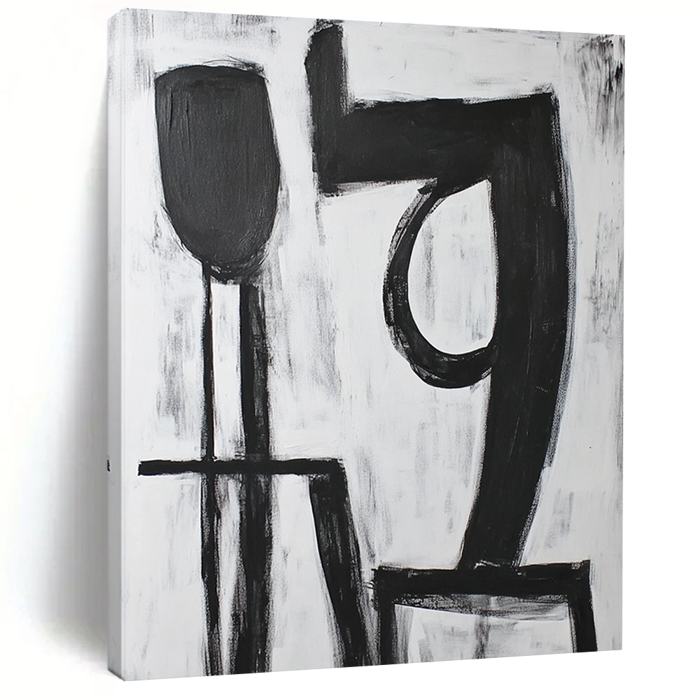 Contemporary hand-painted abstract artwork featuring bold black "9" strokes with a large 'A' shape in front on a pure white background. DLZ1540