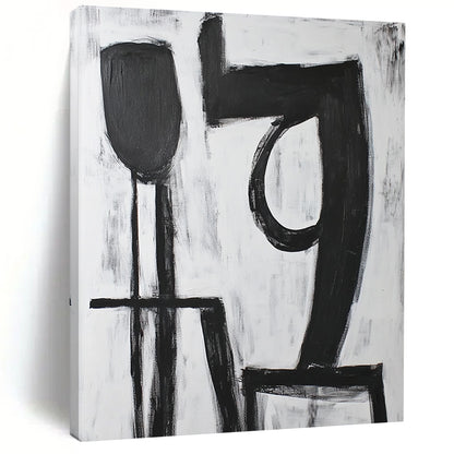 Contemporary hand-painted abstract artwork featuring bold black "9" strokes with a large 'A' shape in front on a pure white background. DLZ1540