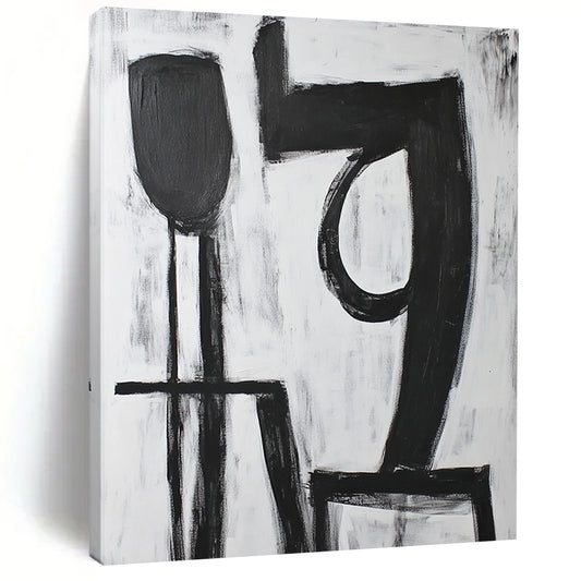 Contemporary hand-painted abstract artwork featuring bold black "9" strokes with a large 'A' shape in front on a pure white background. DLZ1540