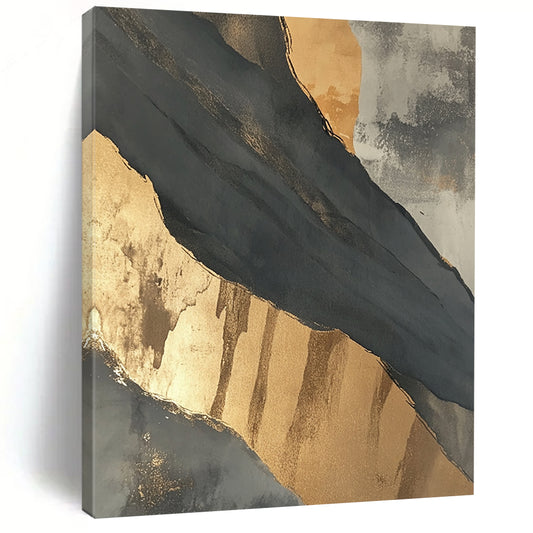 Contemporary large hand-painted abstract artwork featuring intricate black and gray patterns highlighted by elegant gold accents. DLZ1715