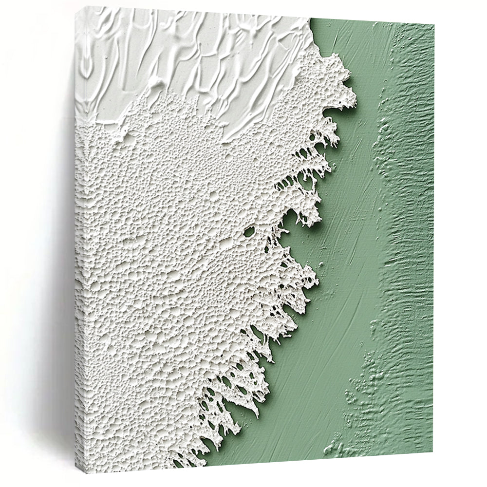 Contemporary abstract artwork featuring a soft sage green wall and delicate white textured paint resembling intricate lace, emphasizing rich color and texture. DLZ1214