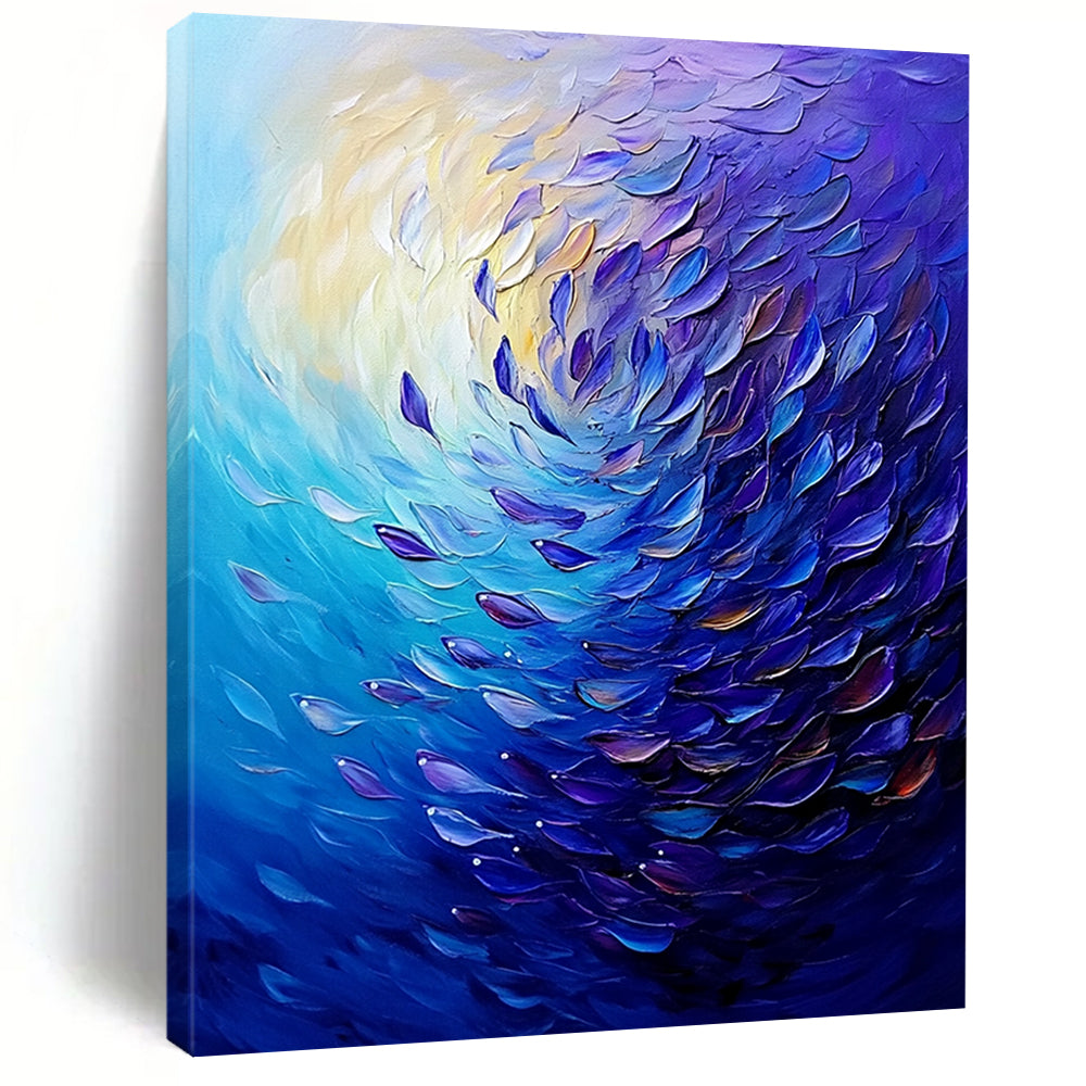 Contemporary abstract painting showcases swirling ocean colors with vibrant purple and blue fish, creating dynamic movement and deep atmospheric perspective. DLZ1096