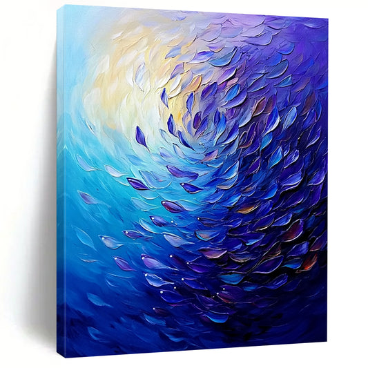 Contemporary abstract painting showcases swirling ocean colors with vibrant purple and blue fish, creating dynamic movement and deep atmospheric perspective. DLZ1096