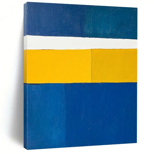 Contemporary hand-painted abstract artwork featuring a minimalist design in blue, white, and yellow inspired by flag colors. DLZ1313