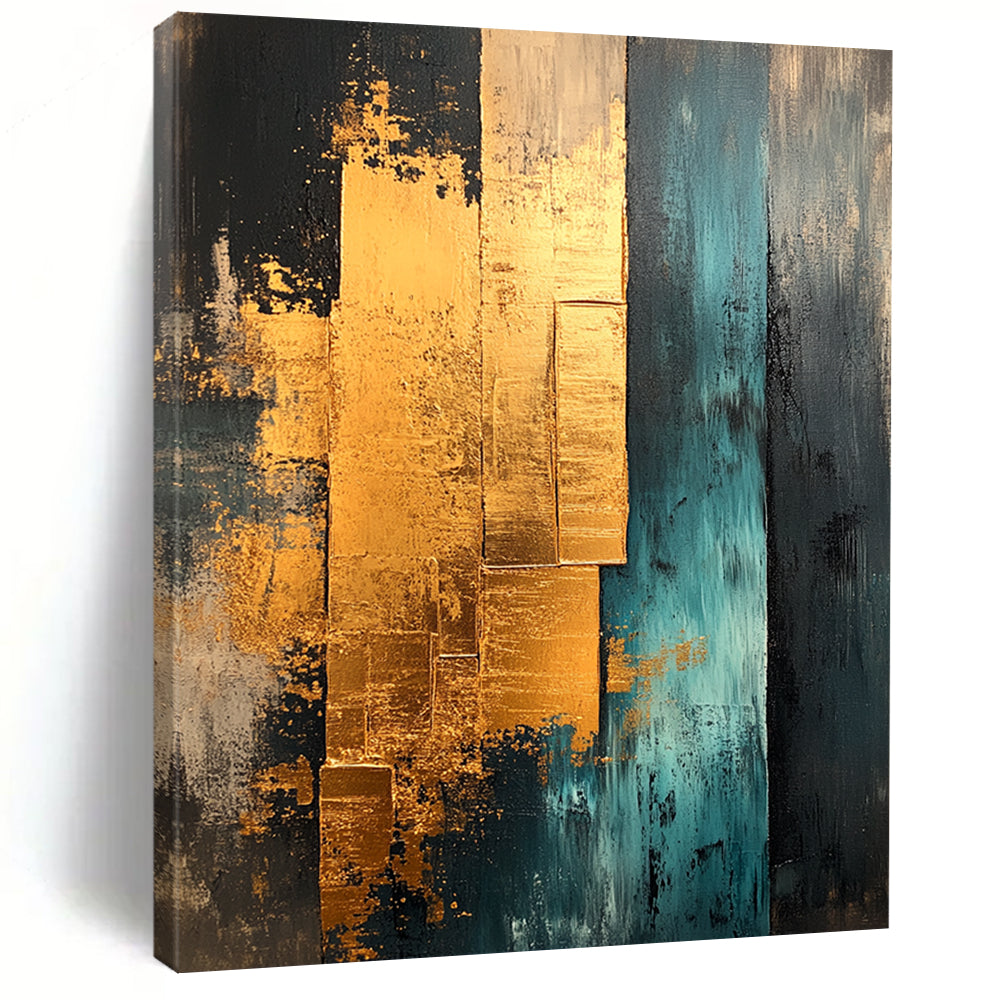 Contemporary abstract painting features gold teal and beige with gold foil edges showcasing layered architectural elements for unique texture and depth. DLZ0851