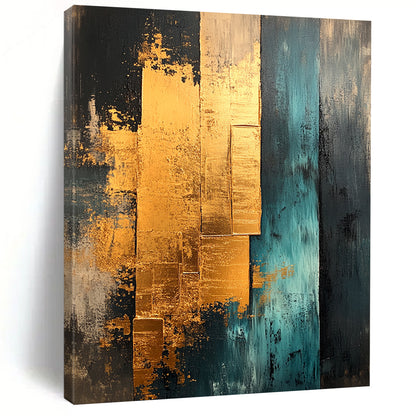 Contemporary abstract painting features gold teal and beige with gold foil edges showcasing layered architectural elements for unique texture and depth. DLZ0851