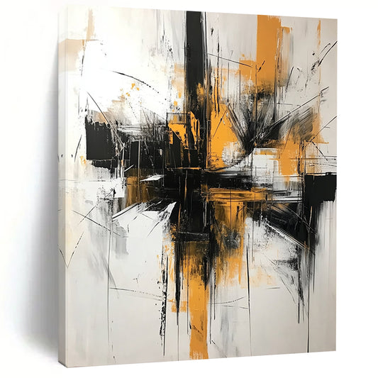 Contemporary hand-painted abstract artwork featuring black and white brushstrokes with yellow accents creating dynamic architectural shapes against an off-white background. DLZ1372