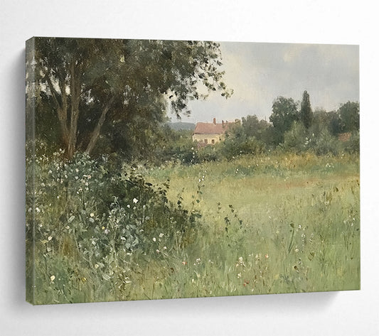 “Rural Retreat” - Greens, Browns, Whites, Countryside with House - Realist Oil Painting HB1597