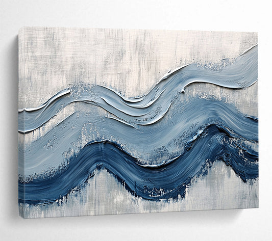Textured Blue Waves on Gray - Impasto Abstract Painting On Canvas HB0490