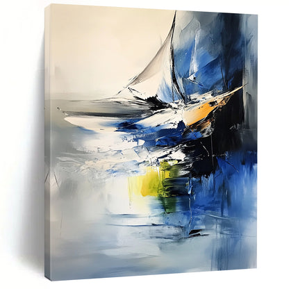 Contemporary abstract art featuring oil and water textures with vibrant color contrasts and a minimalist sailboat in an expressionist sea composition. DLZ0956