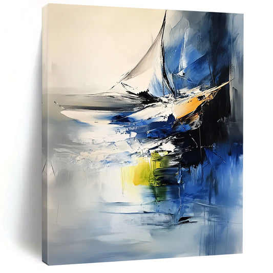 Contemporary abstract art featuring oil and water textures with vibrant color contrasts and a minimalist sailboat in an expressionist sea composition. DLZ0956