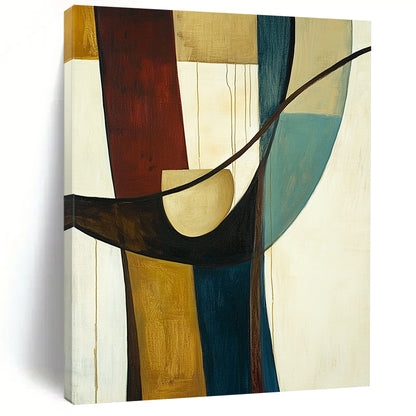 Large contemporary hand-painted abstract art featuring vertical lines, a circular shape, and curved elements in earthy tones of brown and blue-green. DLZ1395