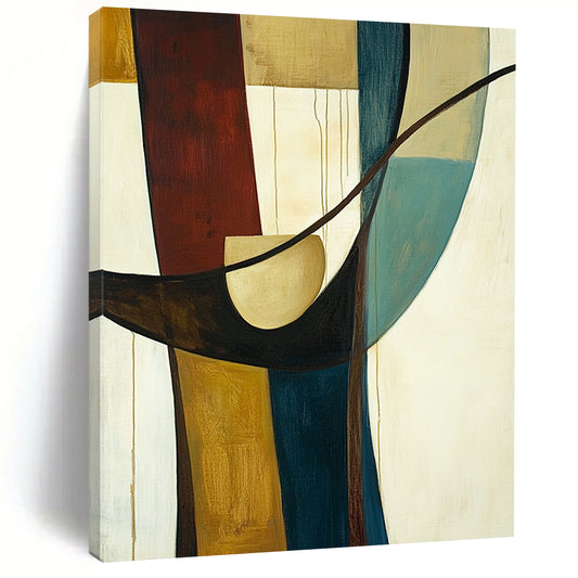 Large contemporary hand-painted abstract art featuring vertical lines, a circular shape, and curved elements in earthy tones of brown and blue-green. DLZ1395