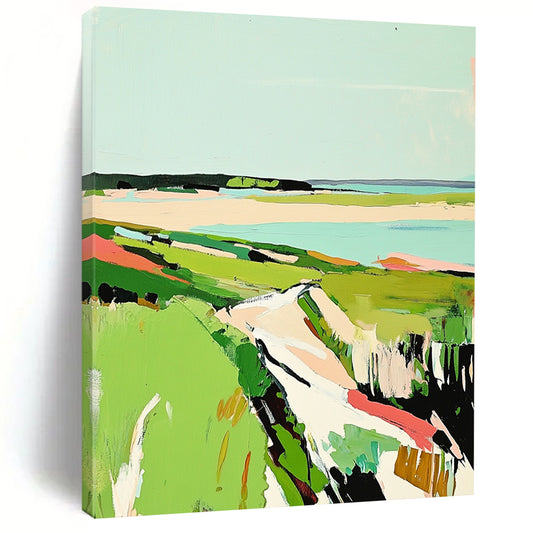 Contemporary abstract painting featuring vibrant green grass and a serene sky inspired by the coastal beauty of Cape Cod in Matisse's style. DLZ1420
