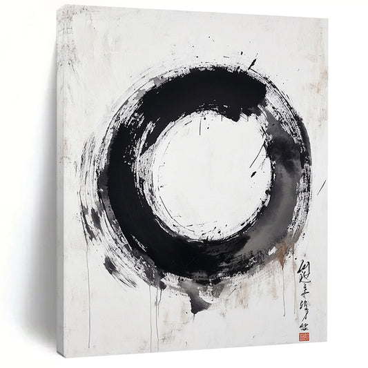 Black, White, Textured Circle "Pure Enso" Abstract Minimalist Painting On Canvas HB107