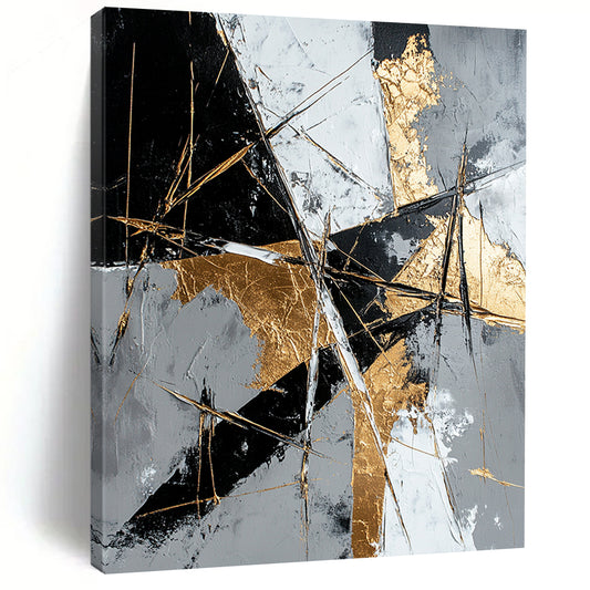 Gray, Black, White, Gold, Geometric Shards "Golden Fragment" Abstract Modernist Painting On Canvas HB073