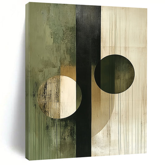 Contemporary abstract artwork featuring circles and lines in beige olive green white and black showcasing deconstructed geometric elements on canvas texture. DLZ0375