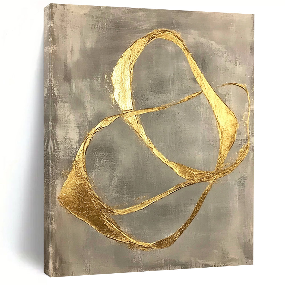 Contemporary abstract art featuring gold leaf-shaped lines on a gray background, showcasing organic forms and minimalist fluidity in a striking hand-painted design. DLZ1578