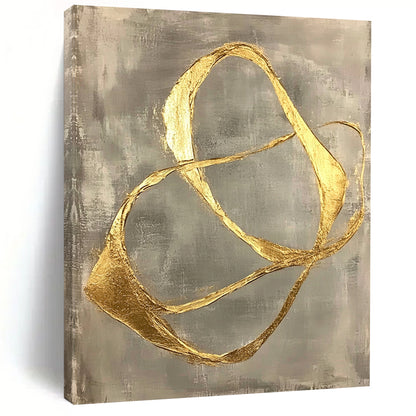 Contemporary abstract art featuring gold leaf-shaped lines on a gray background, showcasing organic forms and minimalist fluidity in a striking hand-painted design. DLZ1578