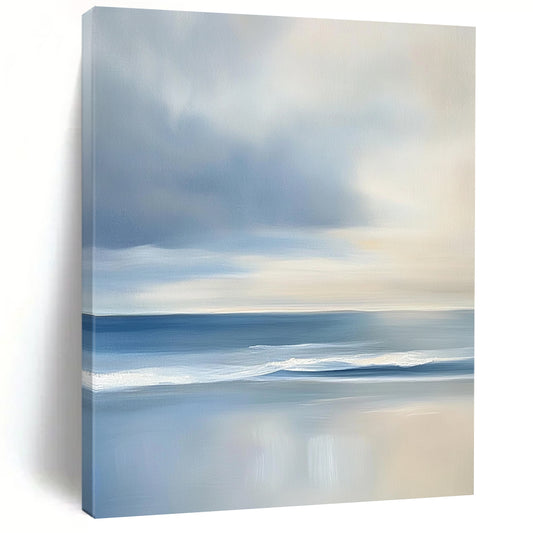 Contemporary abstract artwork features a serene ocean with gentle waves and soft clouds, showcasing light blues and grey tones for a tranquil ambiance. DLZ1460