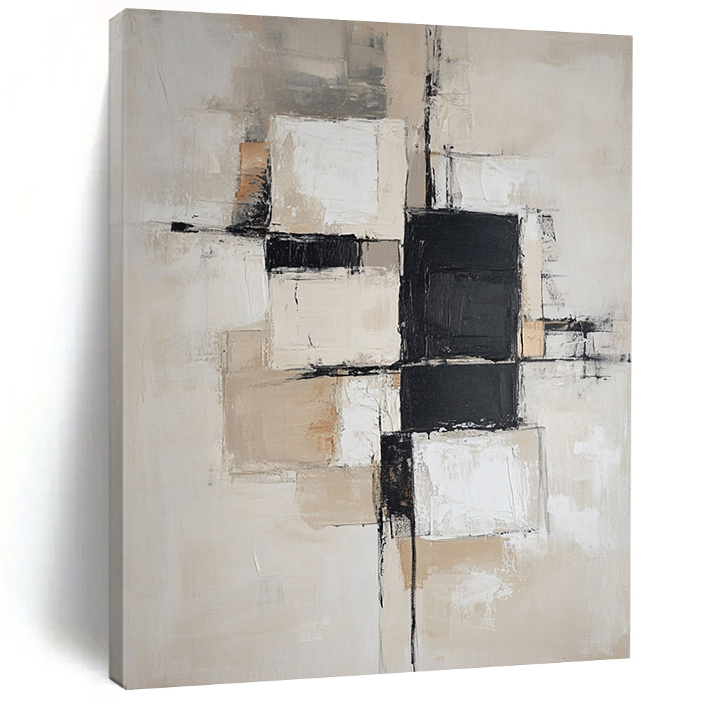 Contemporary hand-painted abstract art featuring soft beige and white blocks with black squares, designed with a neutral color palette and gentle edges. DLZ0517