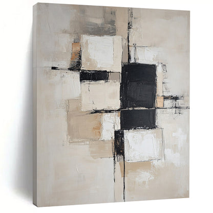 Contemporary hand-painted abstract art featuring soft beige and white blocks with black squares, designed with a neutral color palette and gentle edges. DLZ0517