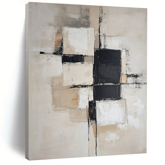 Contemporary hand-painted abstract art featuring soft beige and white blocks with black squares, designed with a neutral color palette and gentle edges. DLZ0517