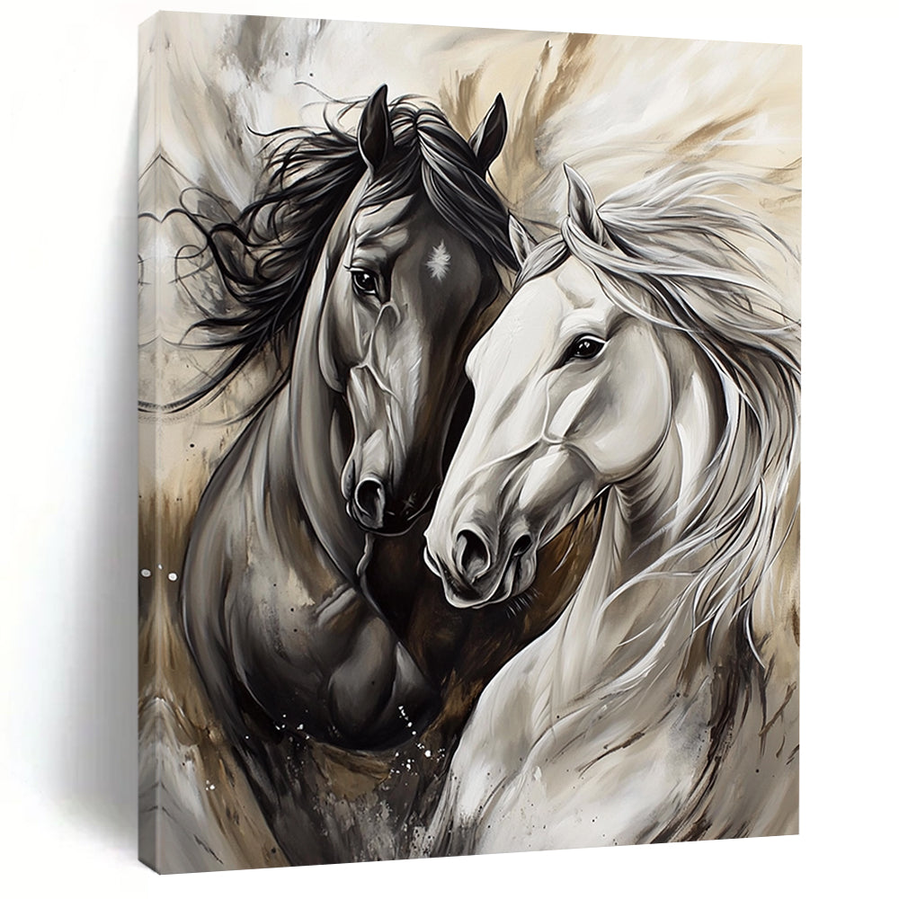 Contemporary abstract artwork featuring two horses playing in silver and gray tones with expressive brushstrokes and flowing fur details. DLZ1662